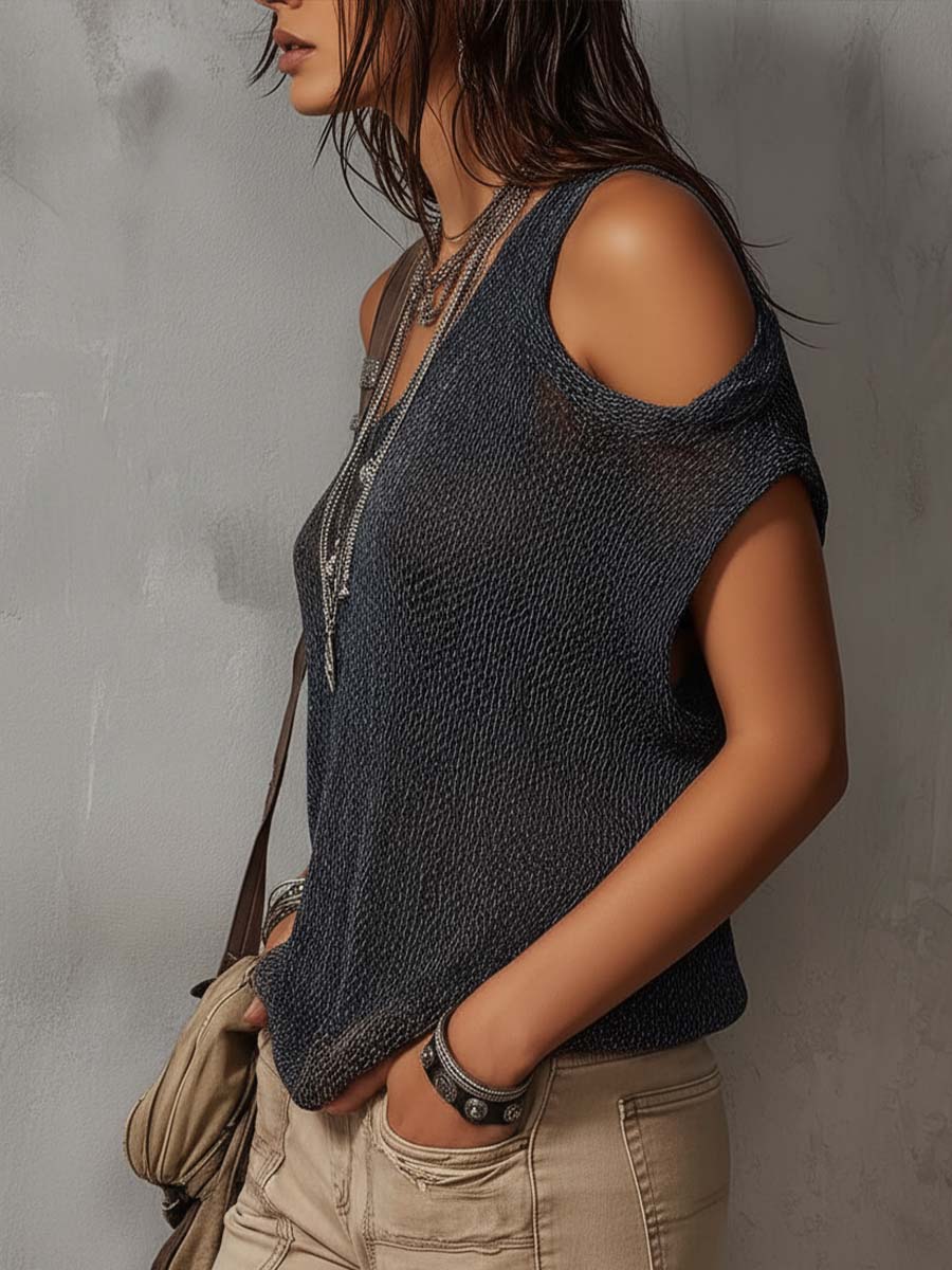 Camicetta in Maglia con Spalle Asimmetriche in Stile Retrò