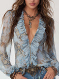 Camicetta in Chiffon con Volant e Chiusura Frontale a Zip, con Stampa Blu Sereno