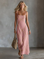 ElevenOra Chic Elegant Black-Camel Geometrical Printed Spaghetti Straps Square-Neck Sleeveless A-Line Maxi Dress