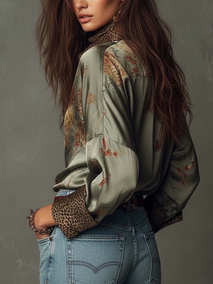 Camicia a Maniche Lunghe in Raso con Motivi Floreali e Bordi Leopardati