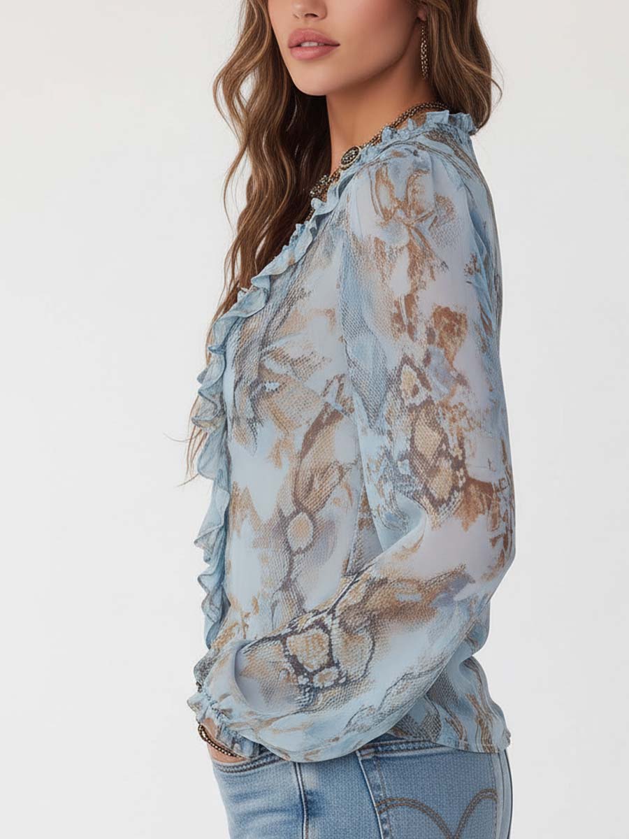 Camicetta in Chiffon con Volant e Chiusura Frontale a Zip, con Stampa Blu Sereno
