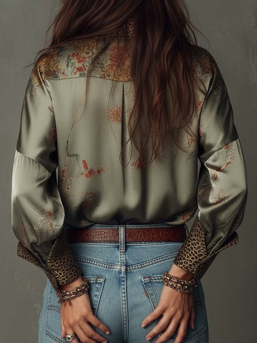 Camicia a Maniche Lunghe in Raso con Motivi Floreali e Bordi Leopardati