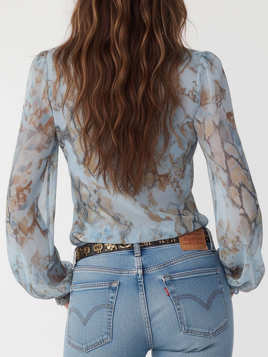 Camicetta in Chiffon con Volant e Chiusura Frontale a Zip, con Stampa Blu Sereno
