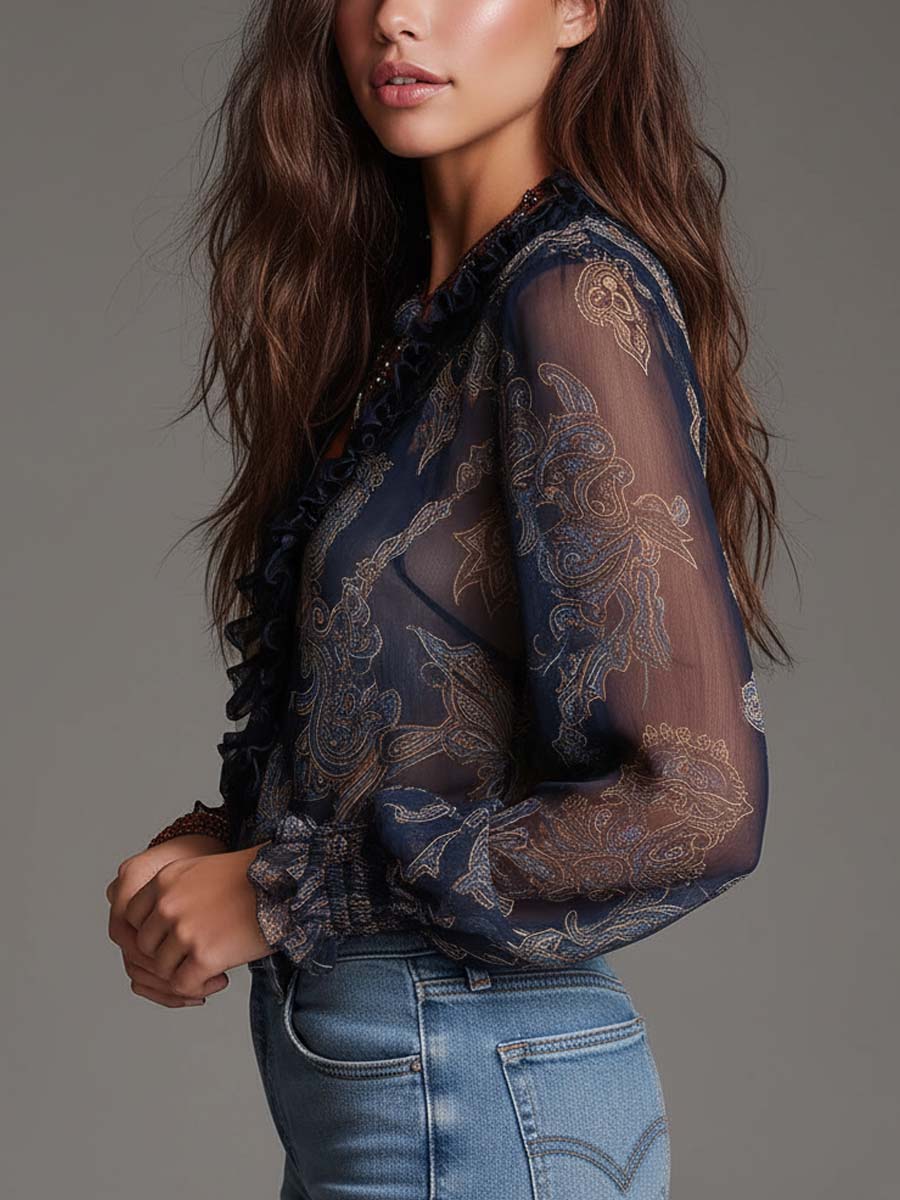 Camicetta in Chiffon con Volant, Stampa Paisley Blu Navy in Stile Barocco e Chiusura con Cerniera