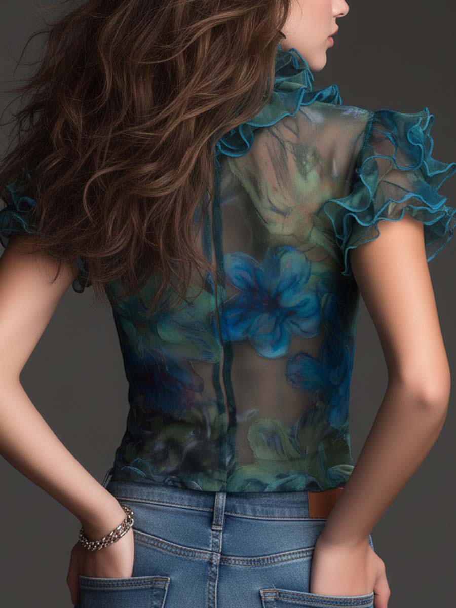 Top Vintage in Stile Boho con Volant, in Rete Trasparente a Motivi Floreali