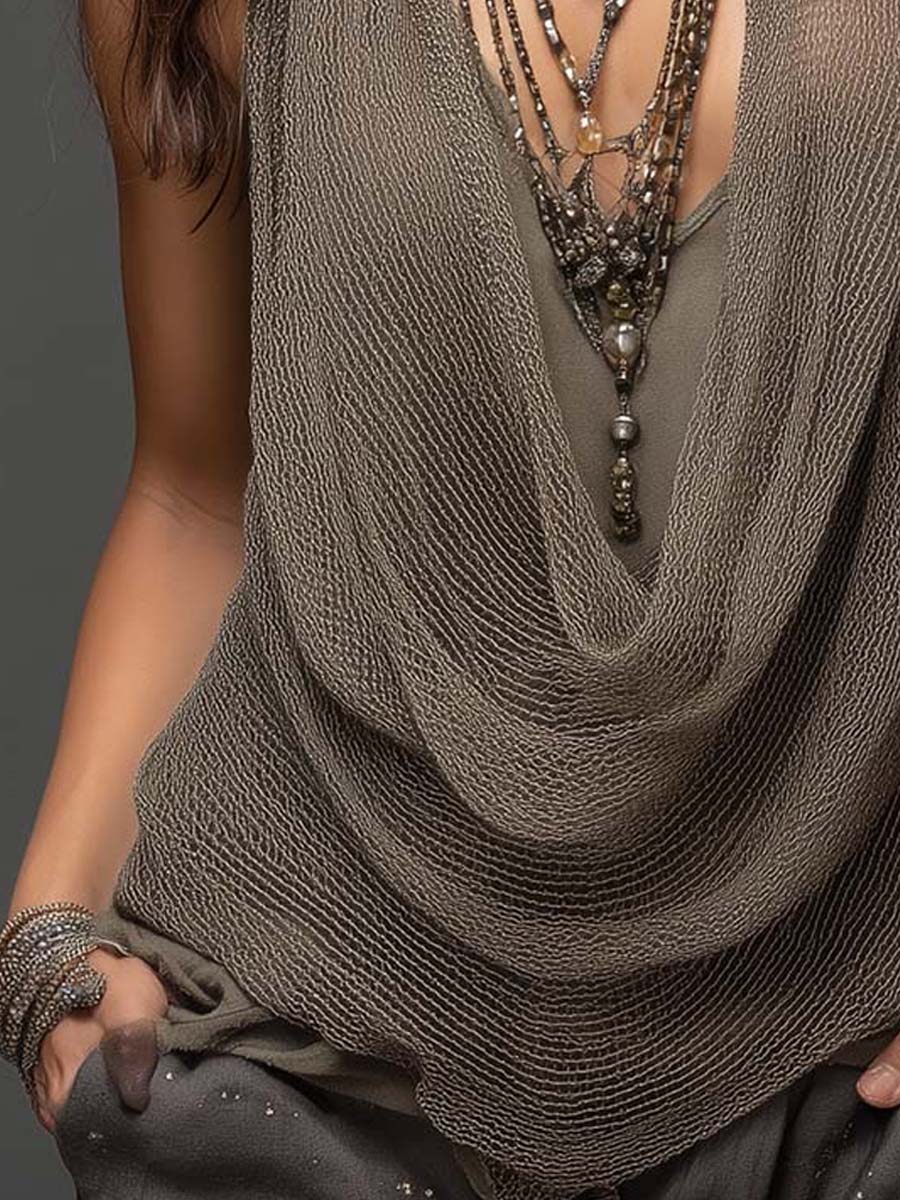 Top con Scollo all'Americana in Maglia a Rete a Doppio Strato dai Toni Naturali