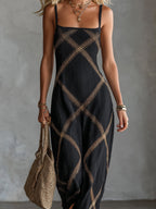ElevenOra Chic Elegant Black-Camel Geometrical Printed Spaghetti Straps Square-Neck Sleeveless A-Line Maxi Dress