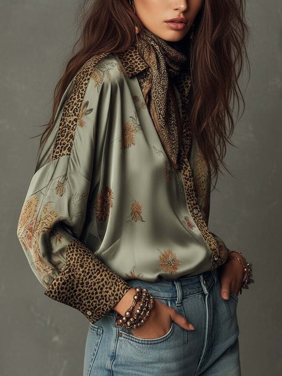 Camicia a Maniche Lunghe in Raso con Motivi Floreali e Bordi Leopardati