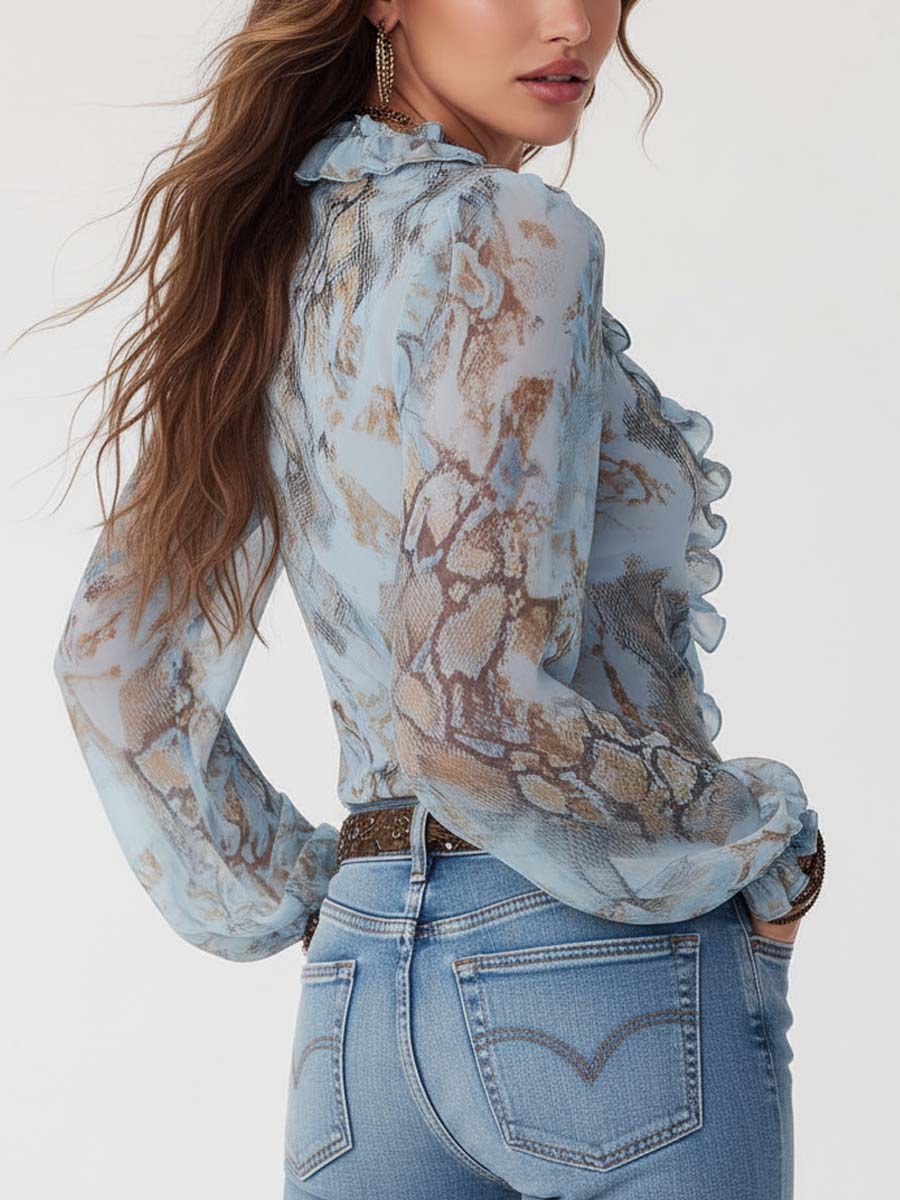 Camicetta in Chiffon con Volant e Chiusura Frontale a Zip, con Stampa Blu Sereno