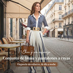 Set de dos piezas de camisa de rayas y pantalones anchos de mujer