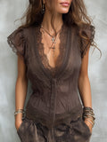 Camicetta Vintage in Tencel con Scollo a V e Bordi in Pizzo