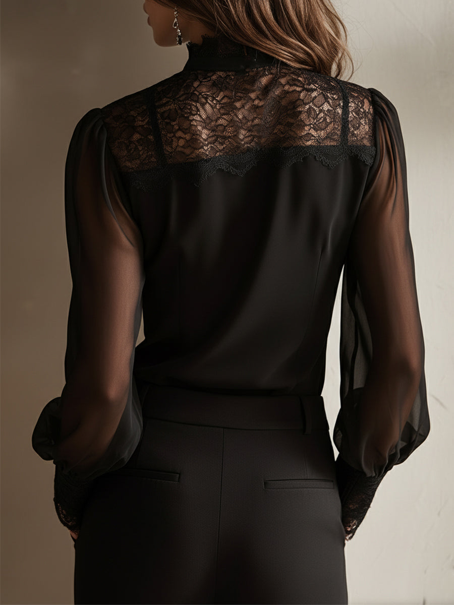 Camicetta in Chiffon con Colletto Alto e Lacci sul Collo, in Stile Retrò ed Elegante, con Pizzo