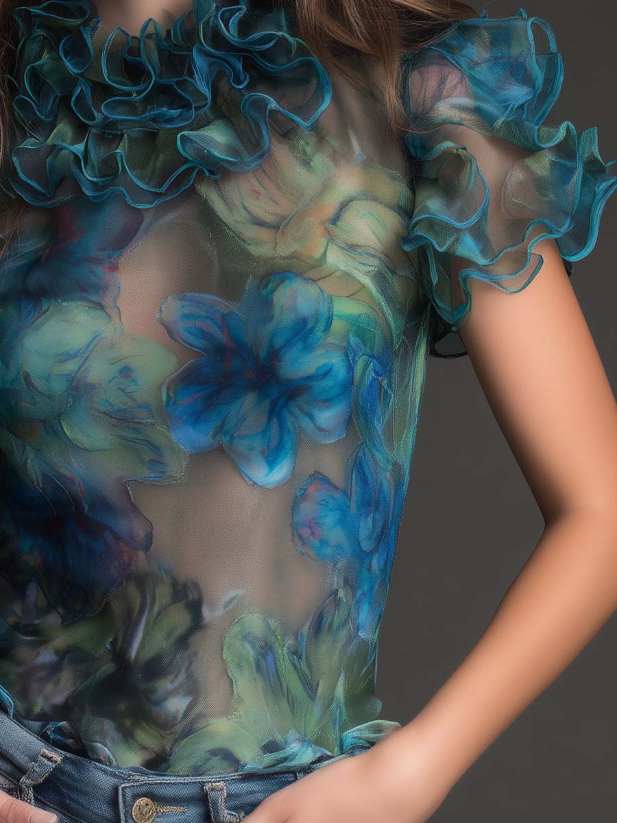 Top Vintage in Stile Boho con Volant, in Rete Trasparente a Motivi Floreali