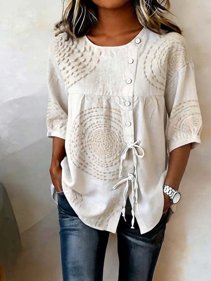 Macarena Camicetta Casual con Ricami Geometrici