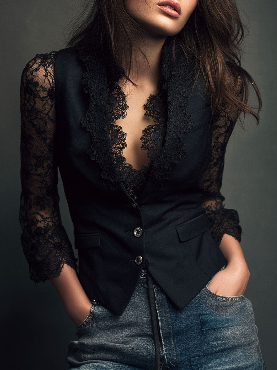 Elegante Top Blazer con Maniche a Pannelli in Pizzo Nero