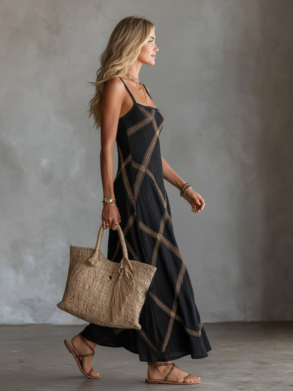 ElevenOra Chic Elegant Black-Camel Geometrical Printed Spaghetti Straps Square-Neck Sleeveless A-Line Maxi Dress