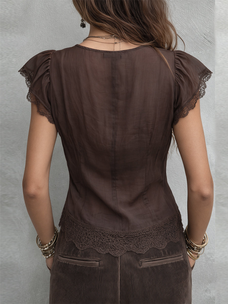Camicetta Vintage in Tencel con Scollo a V e Bordi in Pizzo