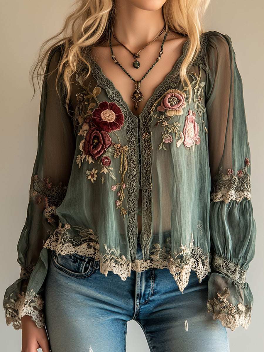 Camicia Vintage Bohémien Verde Ricamata