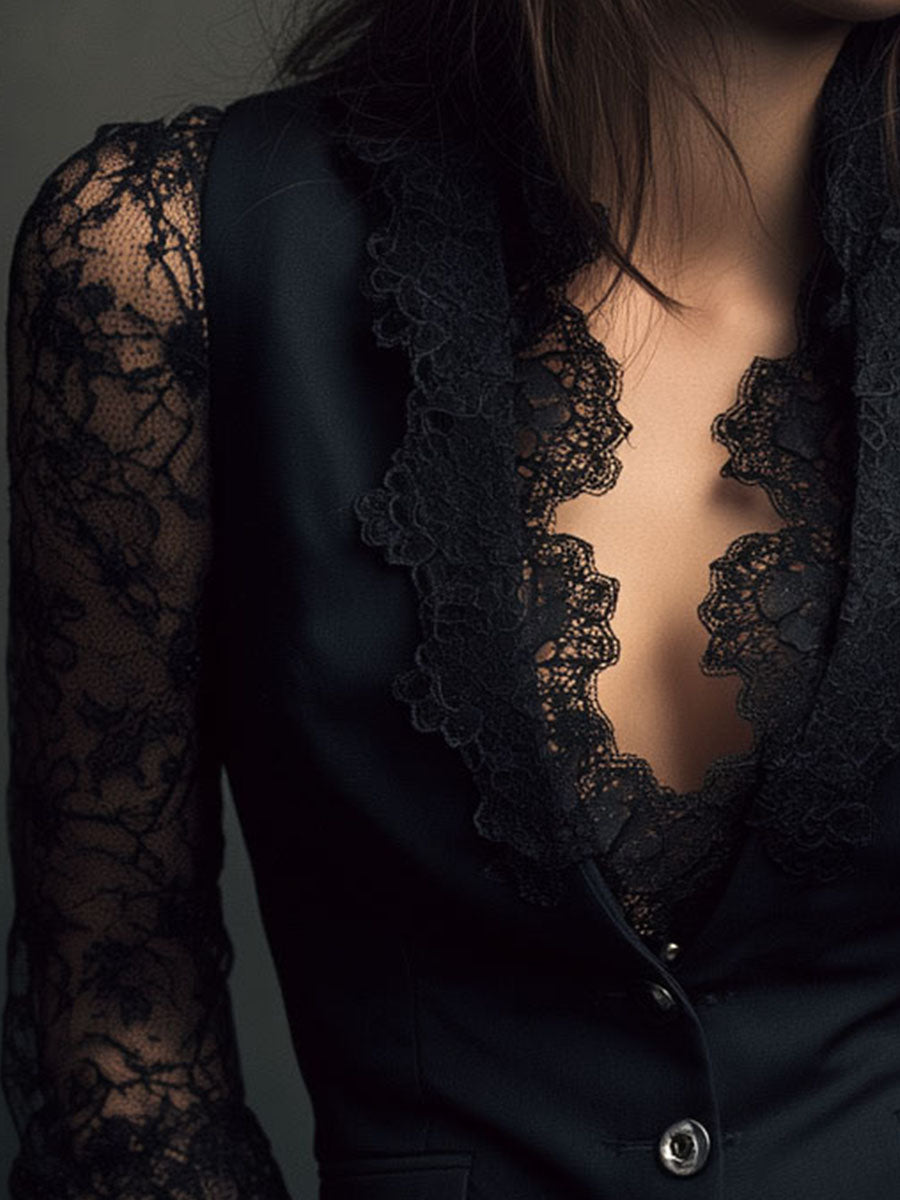 Elegante Top Blazer con Maniche a Pannelli in Pizzo Nero