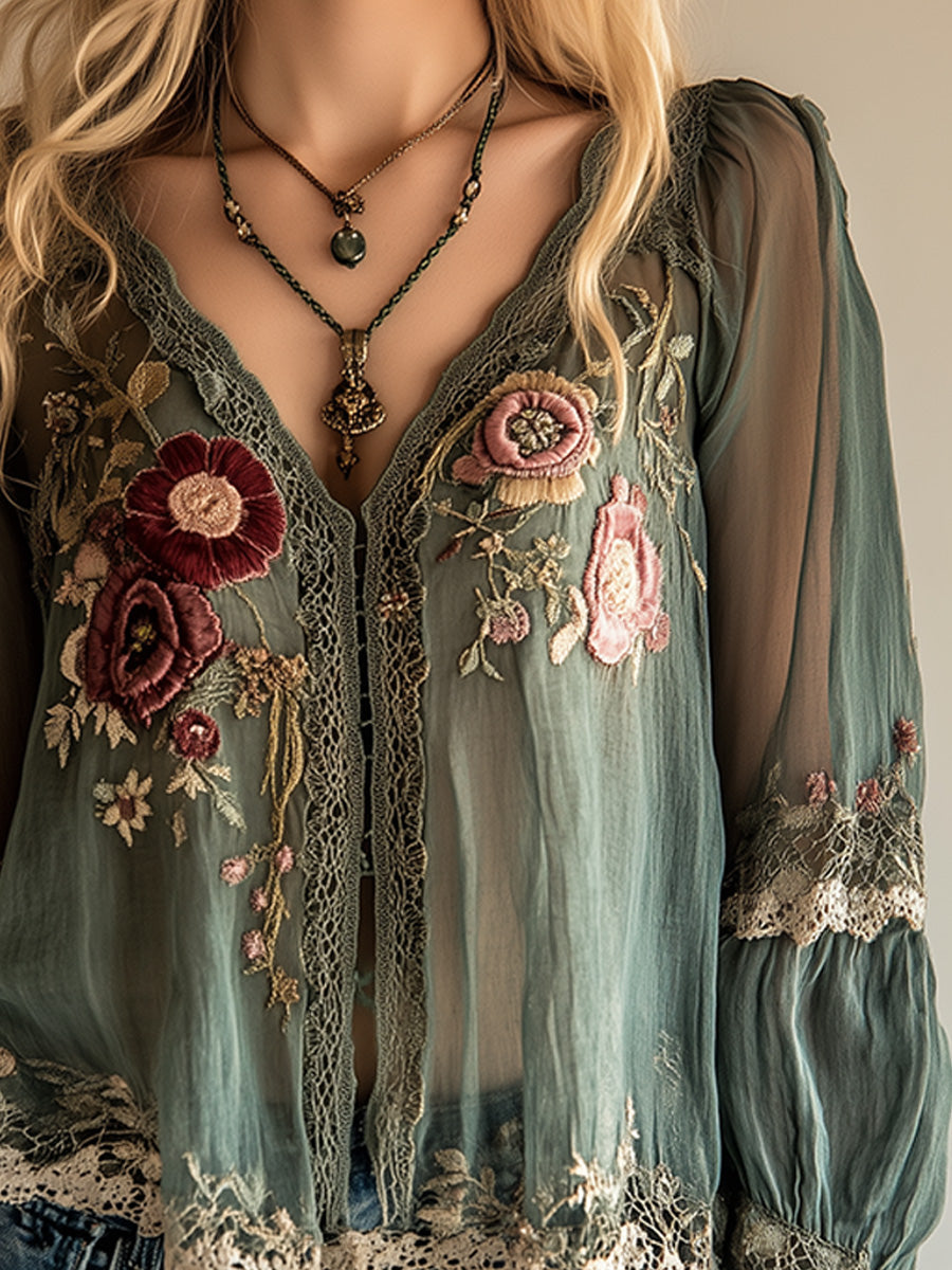 Camicia Vintage Bohémien Verde Ricamata