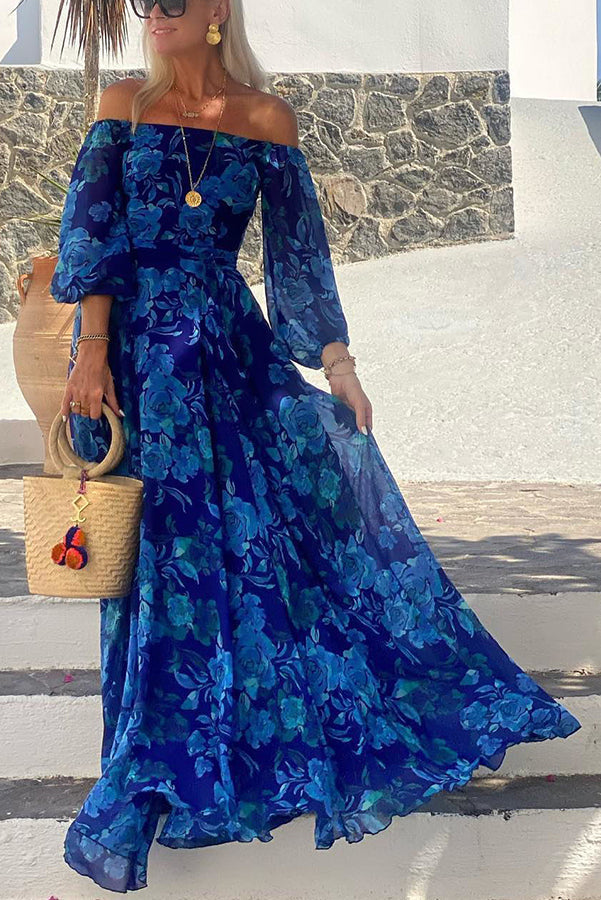 Luna™ | Vestido largo con estampado floral y mangas que dejan los hombros al descubierto