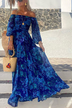 Luna™ | Vestido largo con estampado floral y mangas que dejan los hombros al descubierto