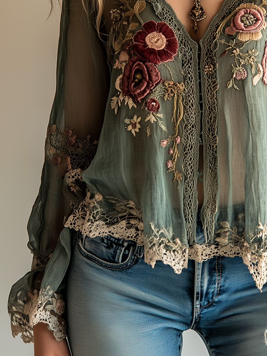 Camicia Vintage Bohémien Verde Ricamata