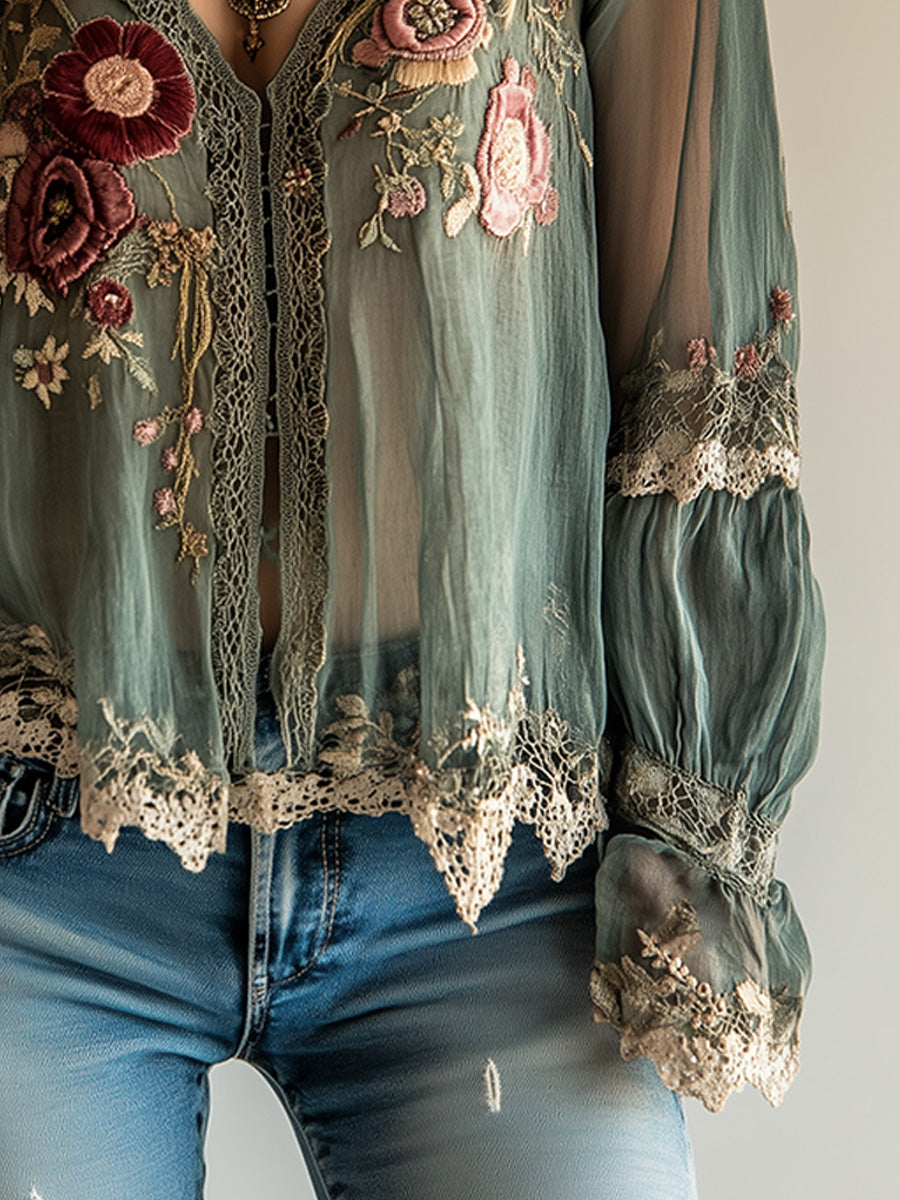 Camicia Vintage Bohémien Verde Ricamata