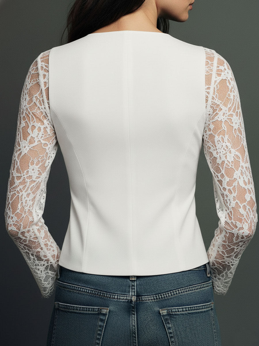 Elegante Top Blazer con Maniche a Pannelli in Pizzo Nero