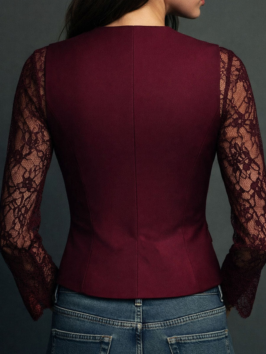 Elegante Top Blazer con Maniche a Pannelli in Pizzo Nero