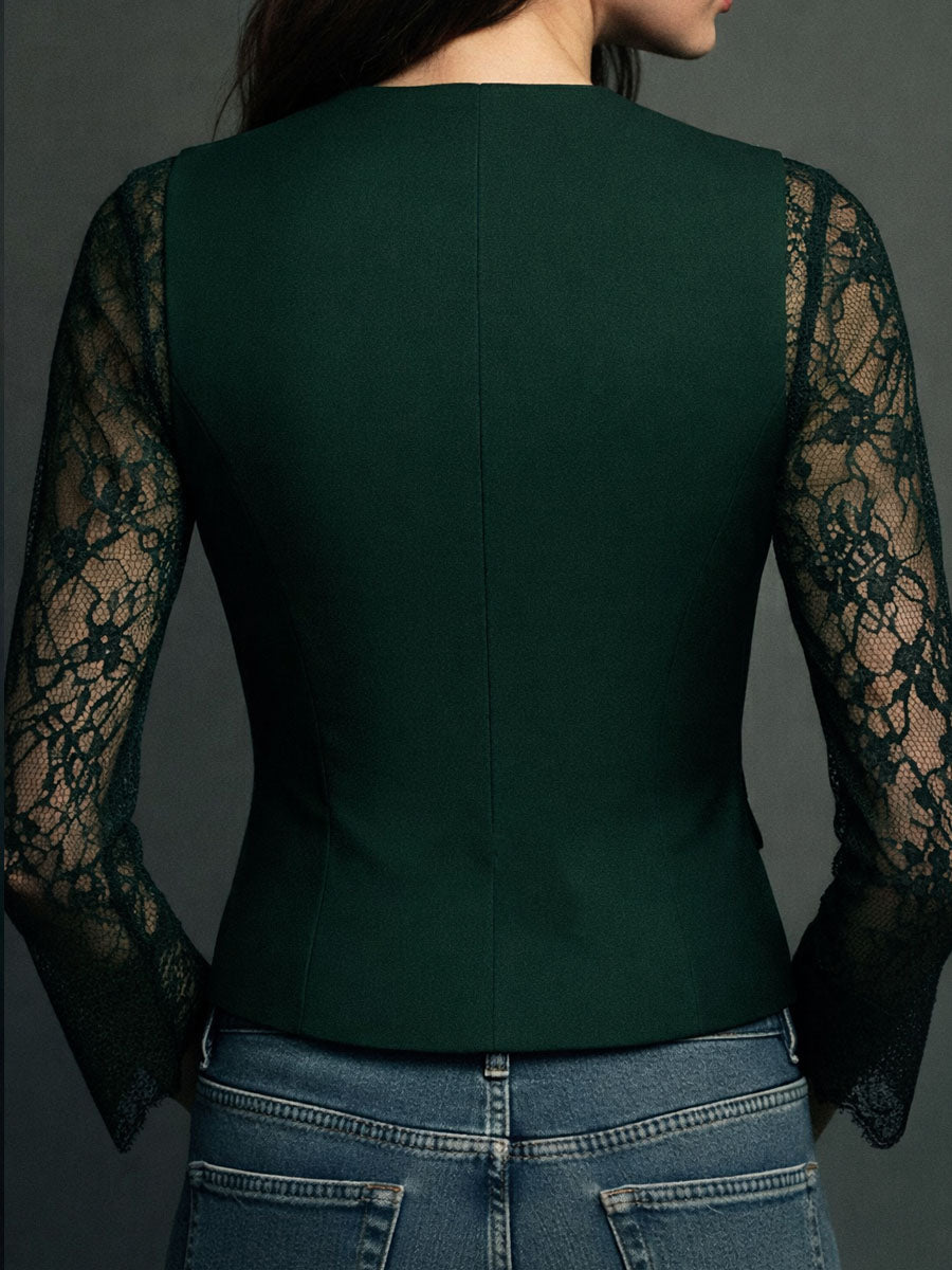 Elegante Top Blazer con Maniche a Pannelli in Pizzo Nero