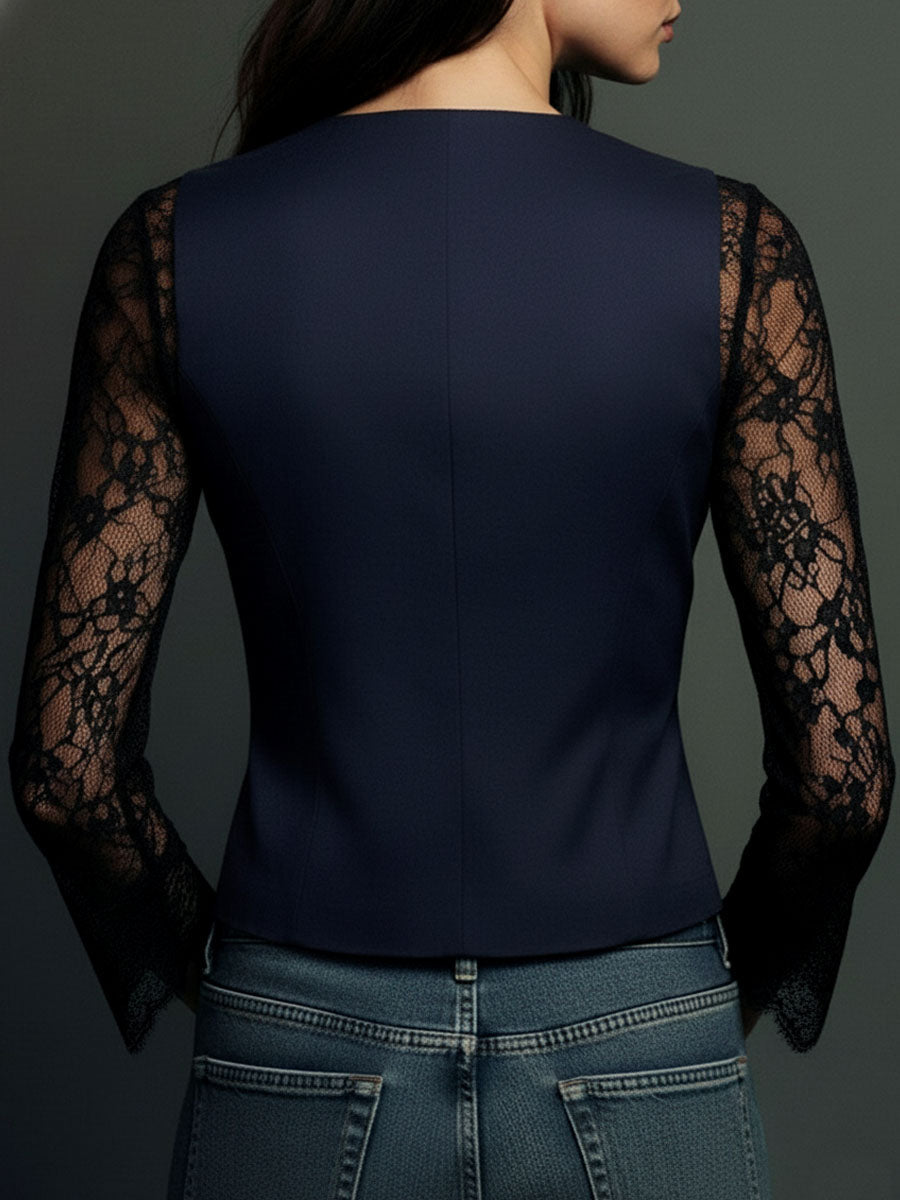 Elegante Top Blazer con Maniche a Pannelli in Pizzo Nero