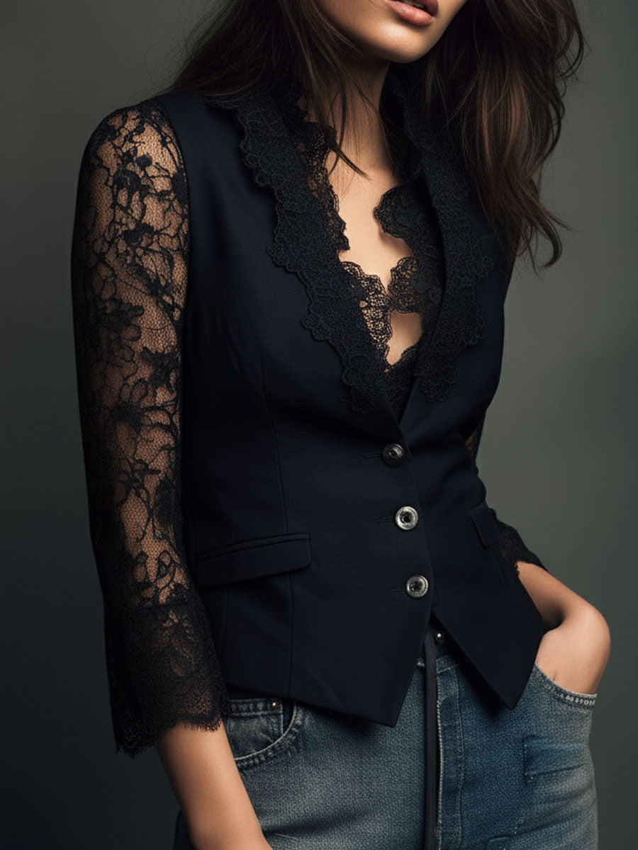 Elegante Top Blazer con Maniche a Pannelli in Pizzo Nero