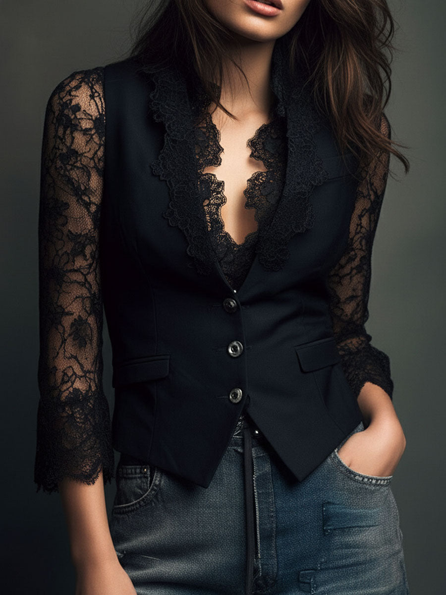 Elegante Top Blazer con Maniche a Pannelli in Pizzo Nero