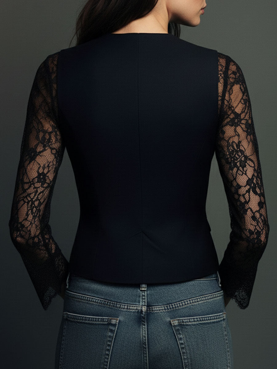 Elegante Top Blazer con Maniche a Pannelli in Pizzo Nero