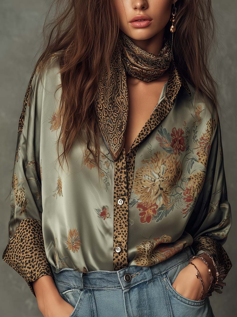 Camicia a Maniche Lunghe in Raso con Motivi Floreali e Bordi Leopardati