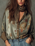 Camicia a Maniche Lunghe in Raso con Motivi Floreali e Bordi Leopardati