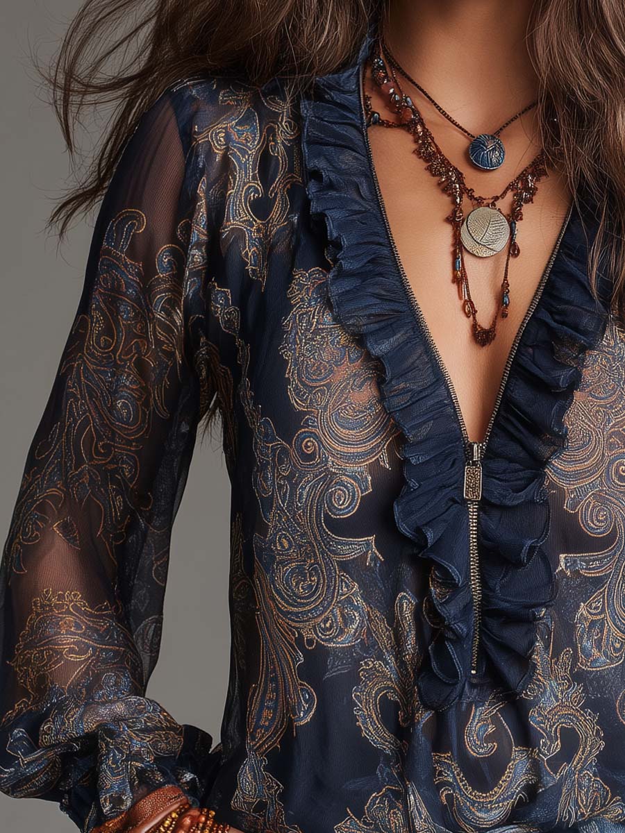 Camicetta in Chiffon con Volant, Stampa Paisley Blu Navy in Stile Barocco e Chiusura con Cerniera
