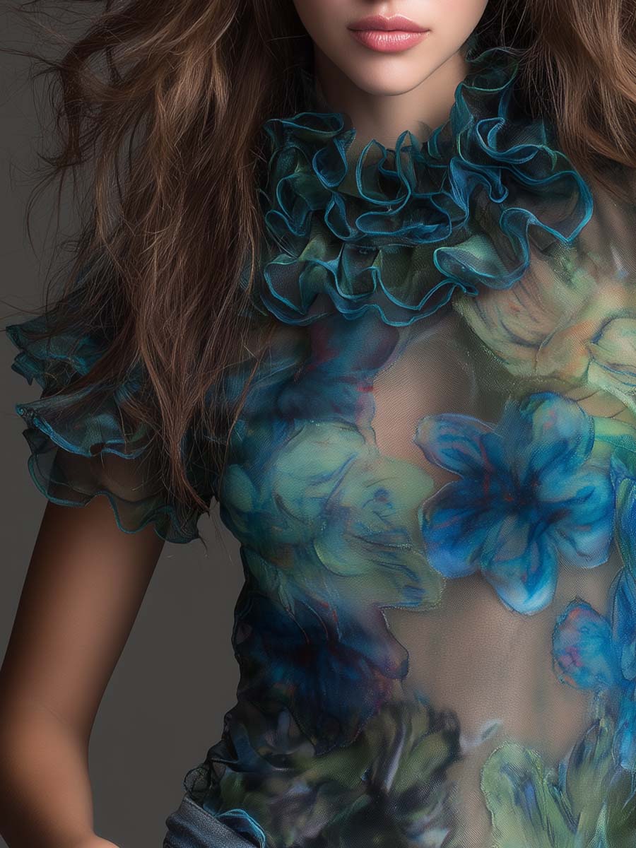 Top Vintage in Stile Boho con Volant, in Rete Trasparente a Motivi Floreali