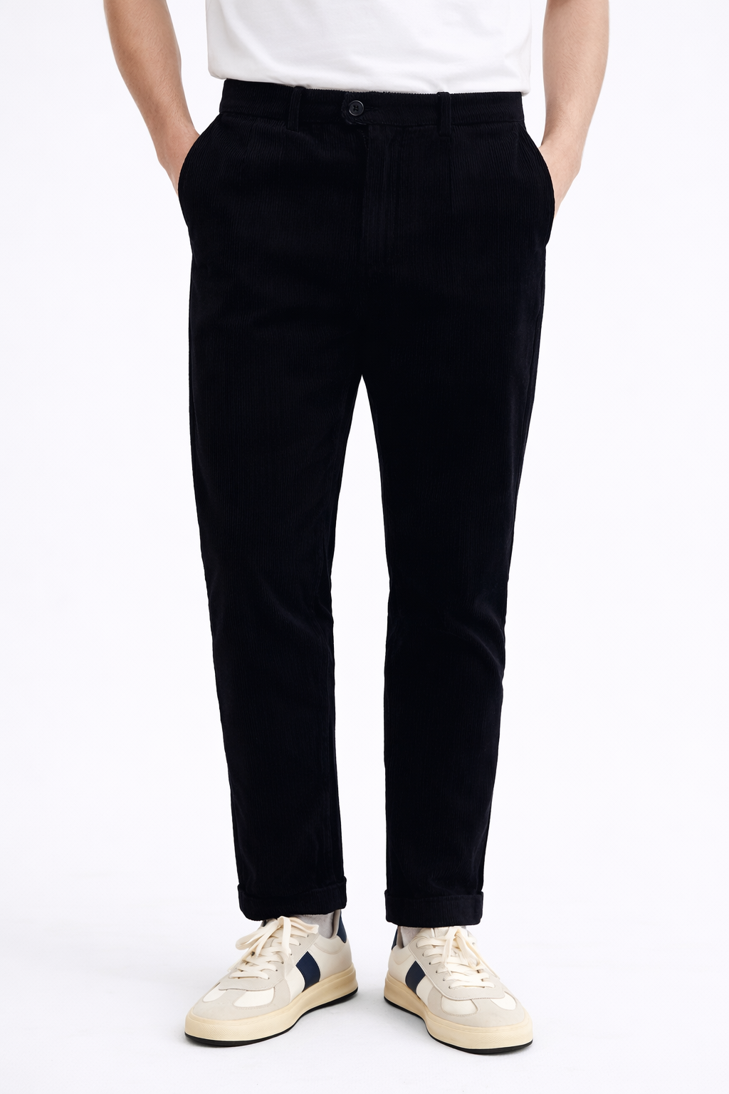Pantaloni Dritti in Velluto a Coste Blu Navy