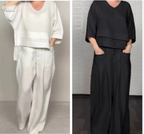 Liza - Ensemble en coton et toile 2 pièces - Haut à col en V et pantalon à jambes larges