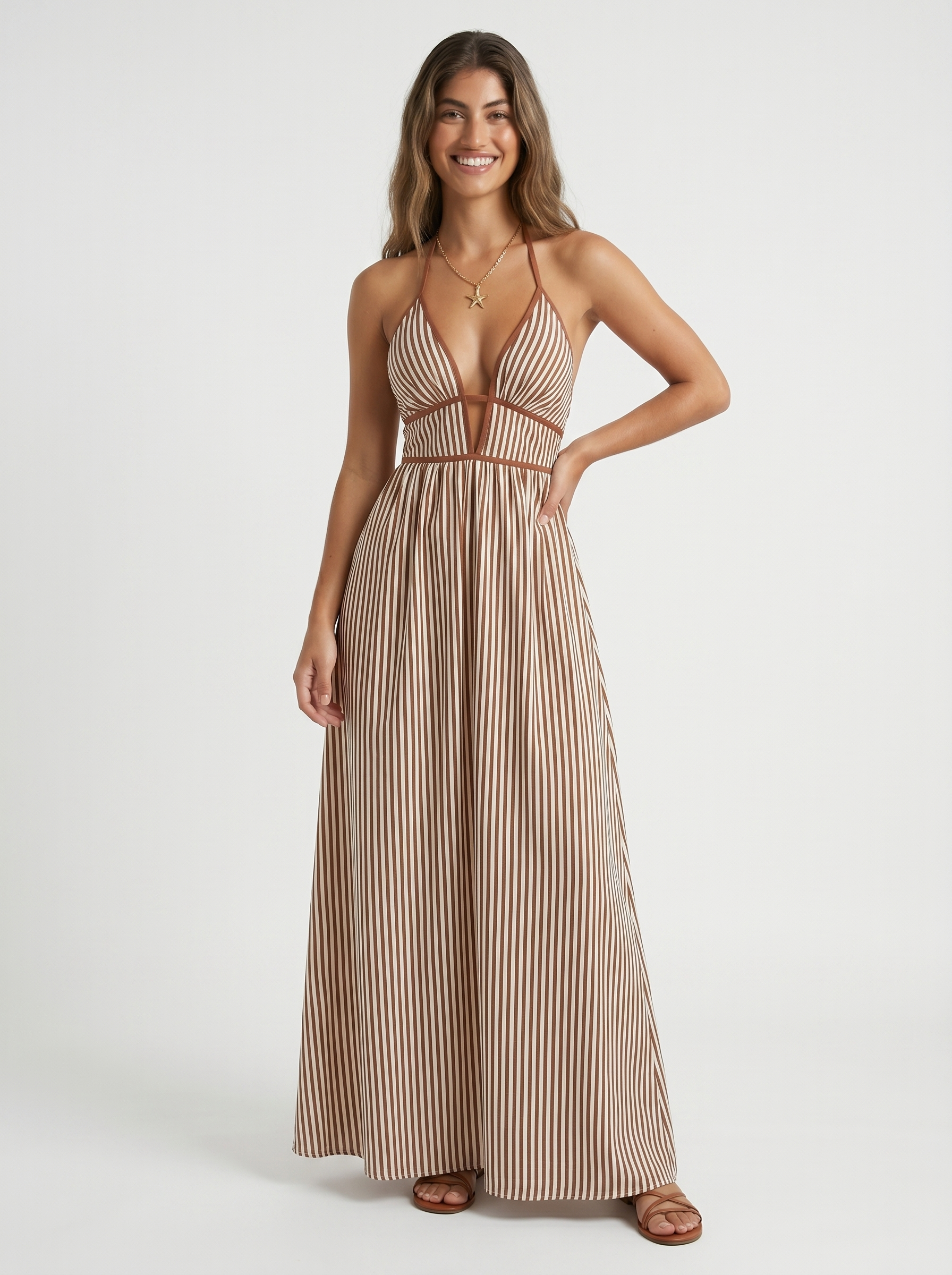 Reme | Vestito Lungo Estivo con Scollo Halter e Righe Verticali