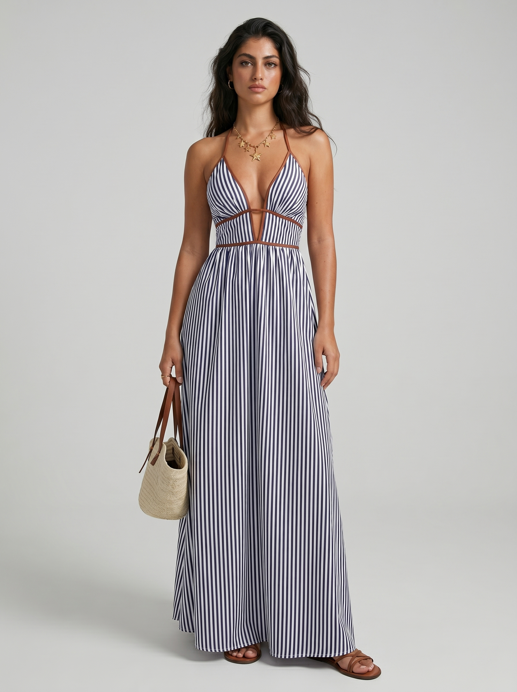 Reme | Vestito Lungo Estivo con Scollo Halter e Righe Verticali