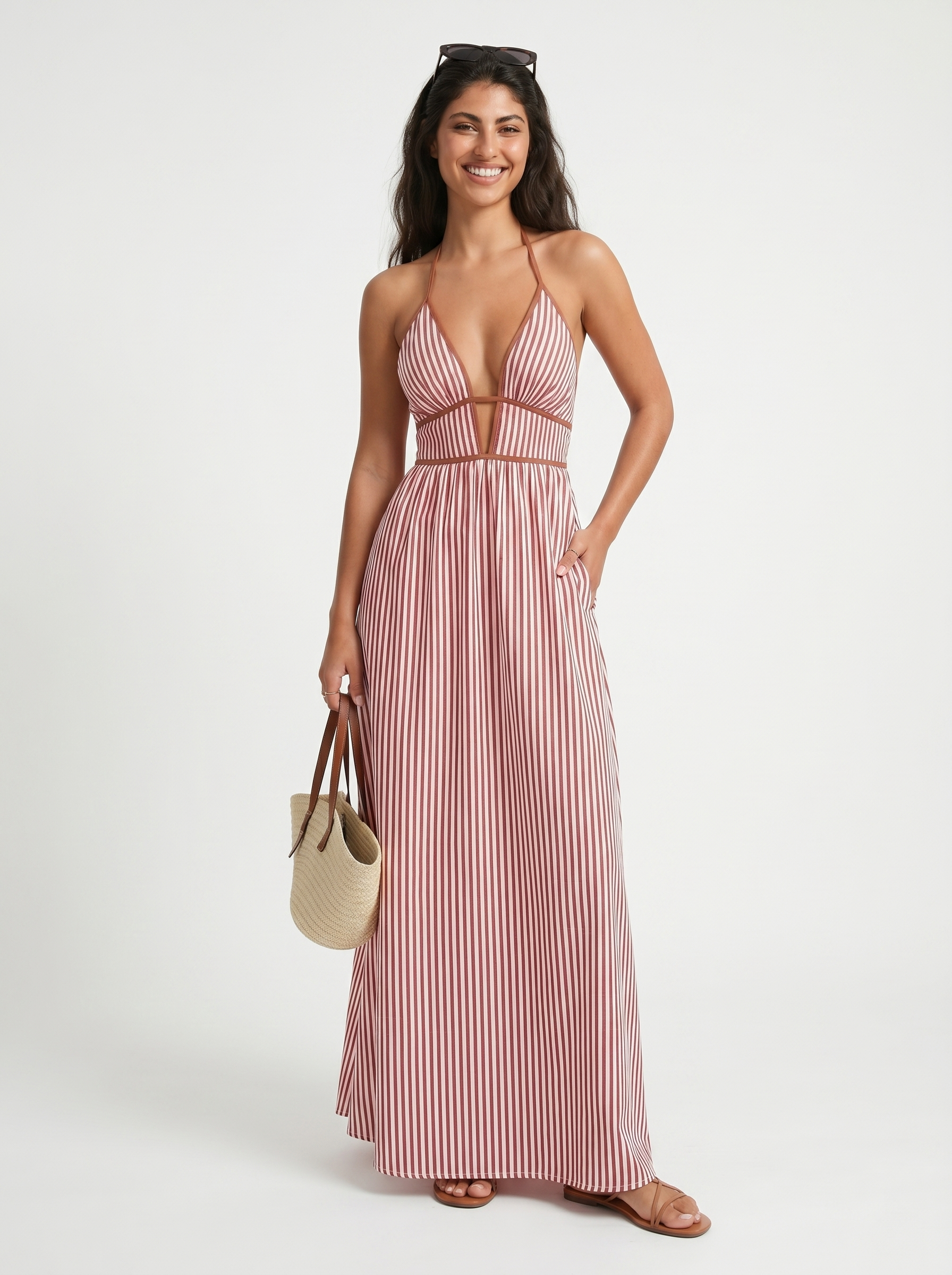 Reme | Vestito Lungo Estivo con Scollo Halter e Righe Verticali