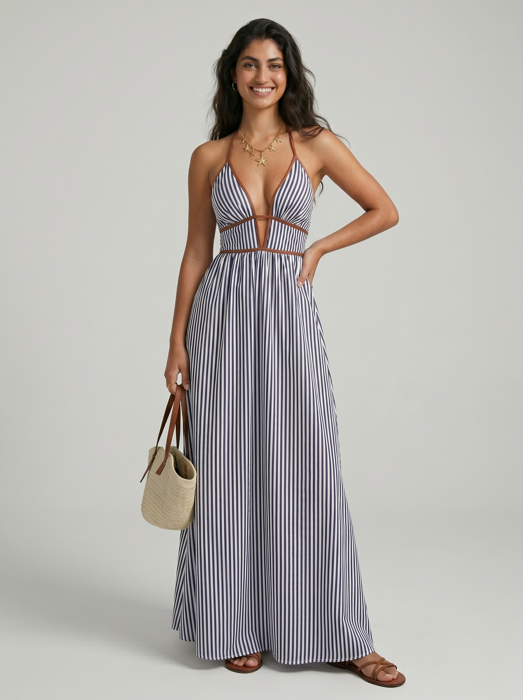 Reme | Vestito Lungo Estivo con Scollo Halter e Righe Verticali