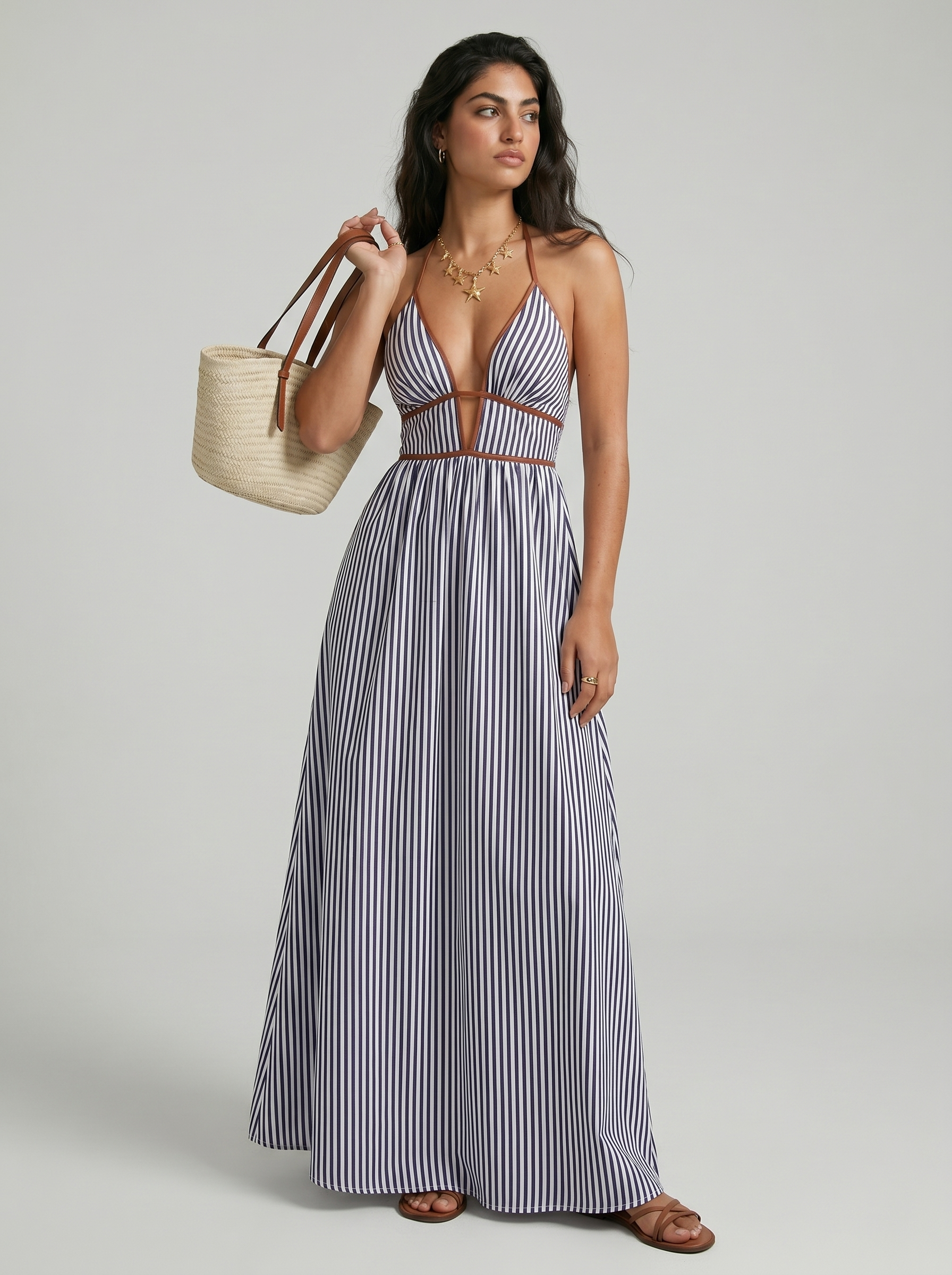 Reme | Vestito Lungo Estivo con Scollo Halter e Righe Verticali