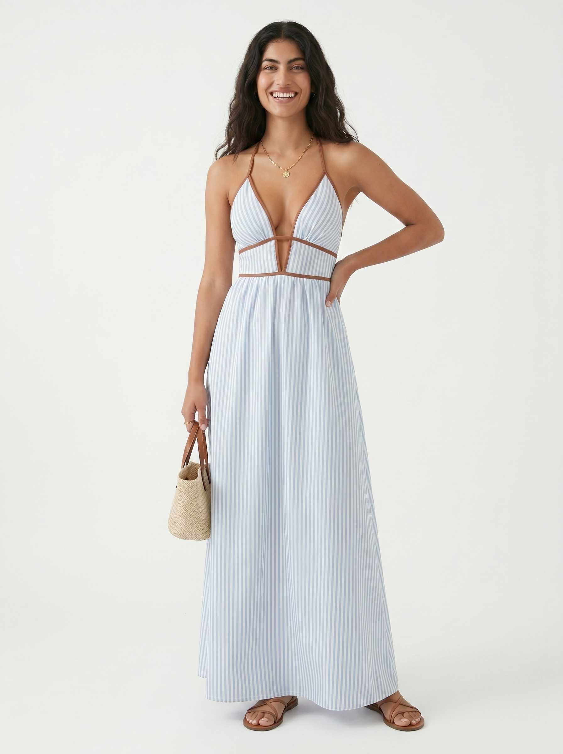 Reme | Vestito Lungo Estivo con Scollo Halter e Righe Verticali