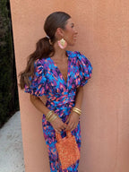Aurora™ | Vestido midi de colores vivos con mangas abullonadas