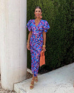 Aurora™ | Vestido midi de colores vivos con mangas abullonadas