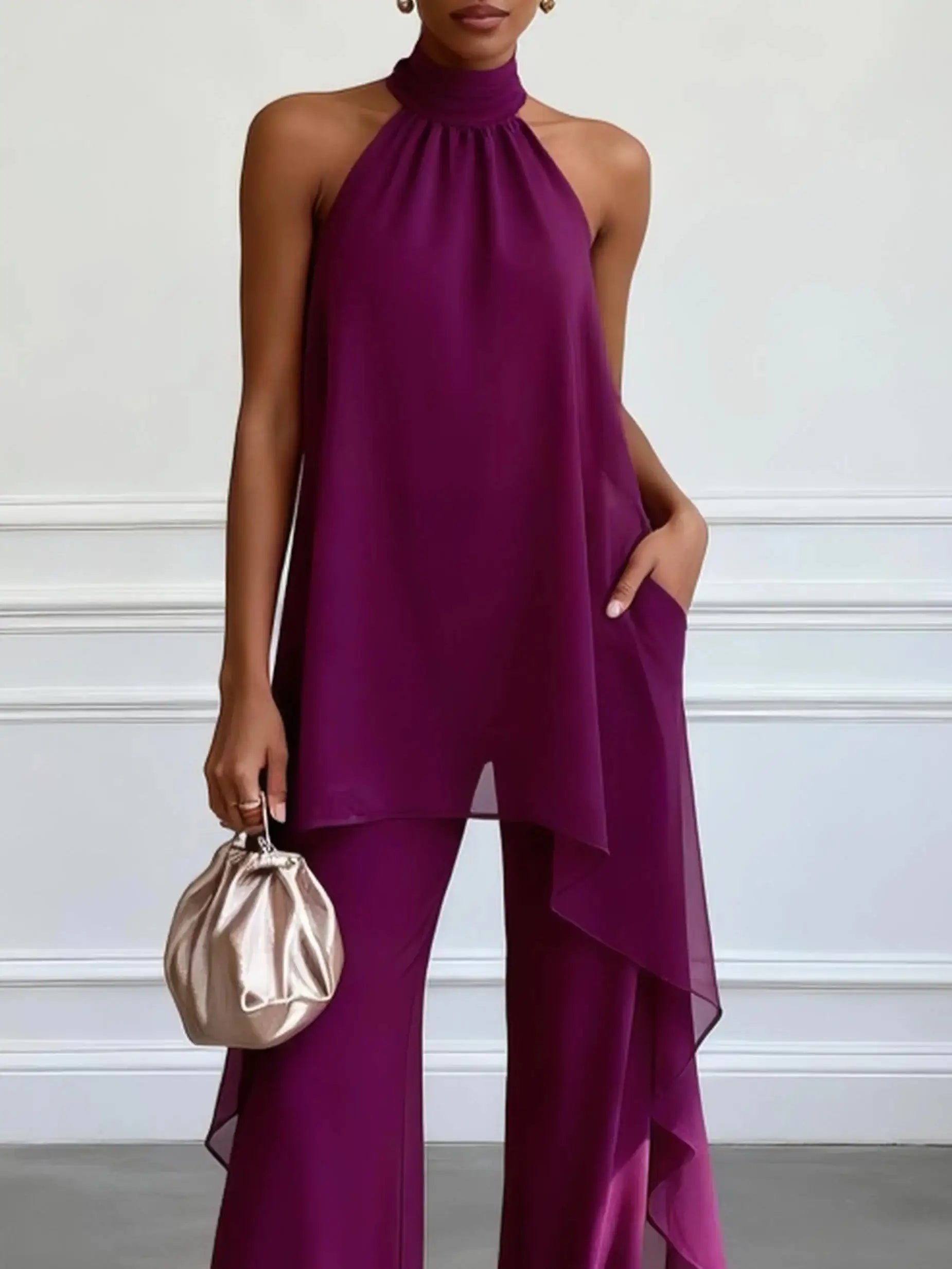 Viola Completo Elegante Halter con Pantaloni